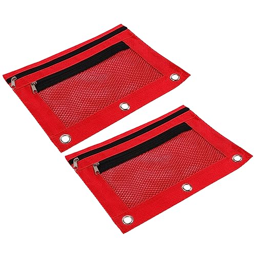 OSALADI 2 Stück Binder Bleistiftbeutel mit Reißverschluss DREI Loch Federmäppchen mit Mesh Design für Schreibwaren Rot für Schule und Büro von OSALADI
