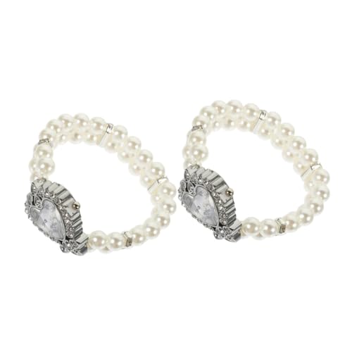 OSALADI 2stücke Herzförmige Kristall- Armbanduhr Für Damen Elegante Analog-Uhr Mit Doppelt Gereihtem Elastischem Perlenarmband Für Besondere Anlässe Und Partys von OSALADI