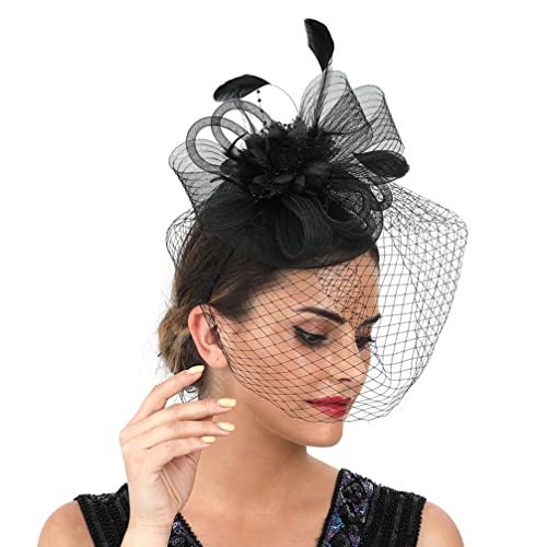 OSALADI Schleier Schwarz Fascinator Hut Tea Party Hut mit Schleier Mesh Gesicht Schleier Hut Faszinator Haarclip Hut für Frauen Schwarz Hut Mit Schleier Schwarz von OSALADI