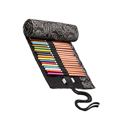 OSALADI Praktische Leinwand Bleistiftrolle Mit Fächern Großer Aufbewahrungshalter Für Zeichnungs Farbstifte Tragbar Für Künstler Studenten Und Reisen Schwarz Mit Blattmuster von OSALADI