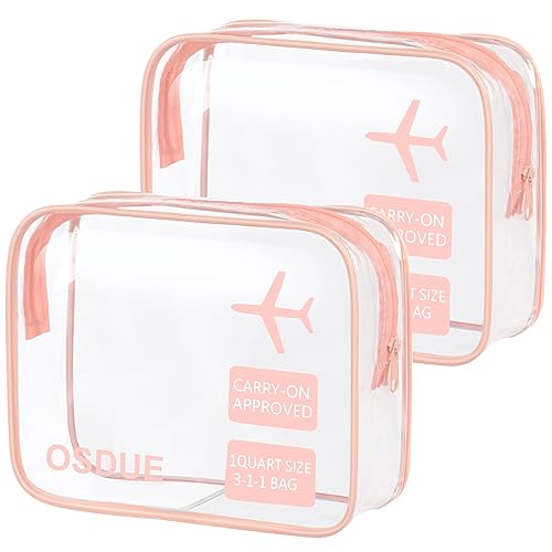 OSDUE 2 Stück Kulturbeutel Transparent, Flugzeug PVC Kosmetiktasche Wasserdicht, Handgepäck-Reisezubehör, Kulturtaschen für Männer, Frauen, Kinder, Familie (Rosa) von OSDUE