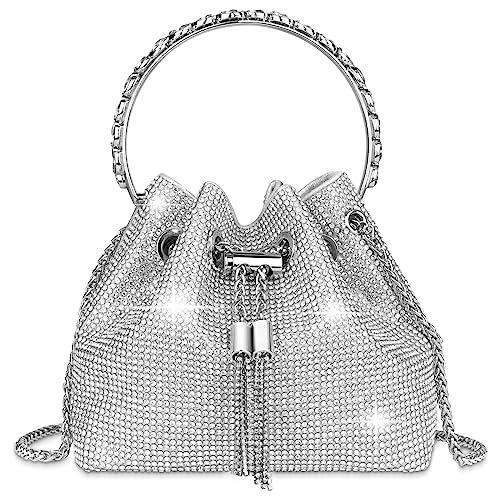 OSDUE Eimer Handtasche, Voller Diamanten Clutch Damen, Glitzer Abendtasche, Kettentasche Schultertaschen für Hochzeit Party Freizeit Date(Silber) von OSDUE