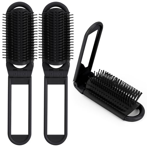 OSDUE Faltbare Reise Haarbürste, 2 Stück Reise Haar Bürste mit Spiegel Haarmassagekamm Tragbare kompakte Haarbürste Mini Taschen Haarkamm Klappkamm für Damen Herren Frauen, Schwarz von OSDUE