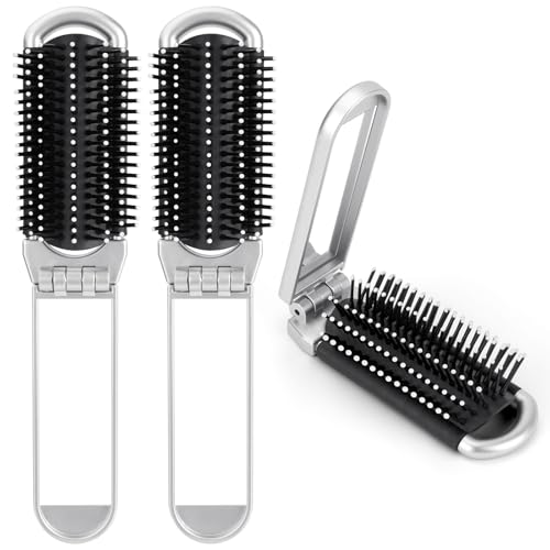 OSDUE Faltbare Reise Haarbürste, 2 Stück Reise Haar Bürste mit Spiegel Haarmassagekamm Tragbare kompakte Haarbürste Mini Taschen Haarkamm Klappkamm für Damen Herren Frauen, Silber von OSDUE