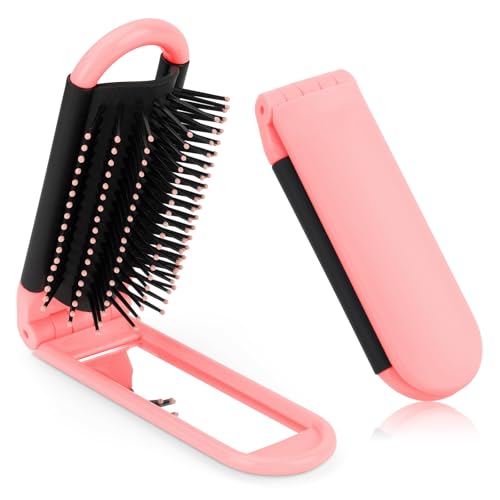 OSDUE Faltbare Reise Haarbürste, Reise Haar Bürste mit Spiegel Haarmassagekamm Tragbare kompakte Haarbürste Mini Taschen Haarkamm Klappkamm für Damen Herren Frauen, Rosa von OSDUE