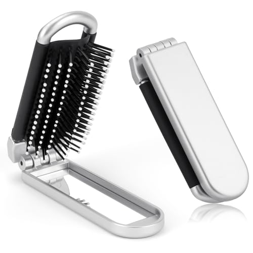 OSDUE Faltbare Reise Haarbürste, Reise Haar Bürste mit Spiegel Haarmassagekamm Tragbare kompakte Haarbürste Mini Taschen Haarkamm Klappkamm für Damen Herren Frauen, Silber von OSDUE