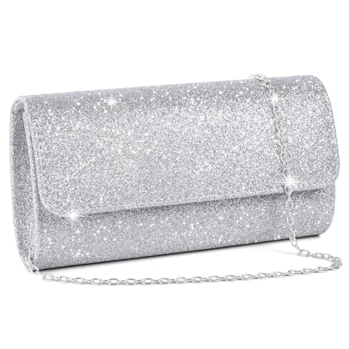 OSDUE Kettentasche, Clutch Damen, Glitzer Abendtasche, Elegante Envelope Tasche Kettentasche Schultertaschen für Hochzeit Party Freizeit Date(Silber) von OSDUE