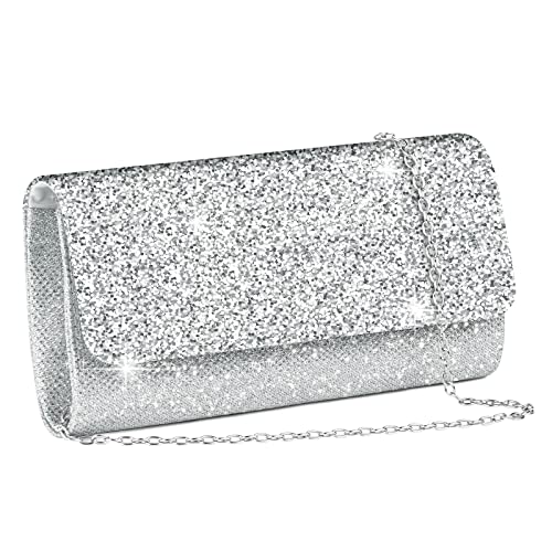 OSDUE Kettentasche, Clutch Damen, Glitzer Abendtasche, Modische Handtasche Kettentasche Schultertaschen für Hochzeit Party Freizeit Date(Silber) von OSDUE