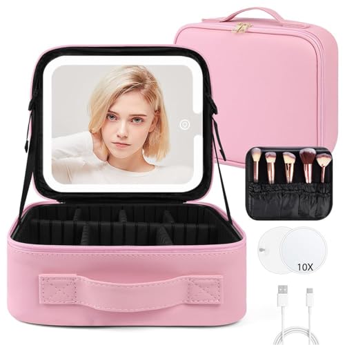 OSDUE Reise Kosmetiktasche mit Beleuchtetem Spiegel, Damen Make up Tasche Schminkkoffer mit Verstellbaren Teiler Tragbare Schminktasche -3 Farben LED Licht Dimmbaren Kosmetik Organizer, Rosa von OSDUE