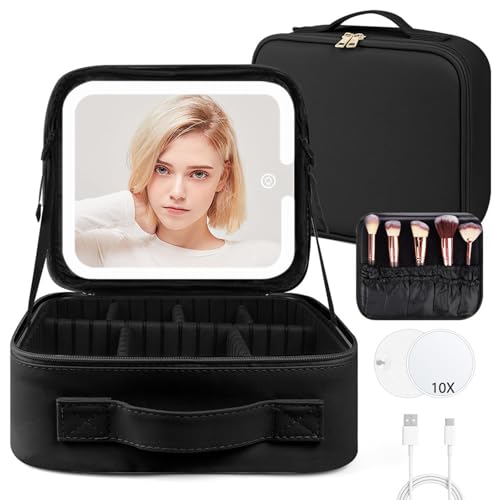 OSDUE Reise Kosmetiktasche mit Beleuchtetem Spiegel, Damen Make up Tasche Schminkkoffer mit Verstellbaren Teiler Tragbare Schminktasche -3 Farben LED Licht Dimmbaren Kosmetik Organizer, Schwarz von OSDUE