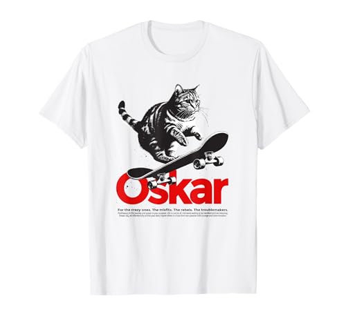 OSKAR - Schöner Jungen Name mit Katze & Skateboard T-Shirt von OSKAR Sohn Enkel Geburtstag Geschenkideen