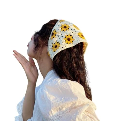 Mehrfarbiges Retro-Kleines Gänseblümchen, handgefertigt, gehäkelt, Haarbandana, Haarschal, Dreiecks-Stirnbänder, Häkel-Haarband, Kopftuch für Frauen und Mädchen von OSKOUR