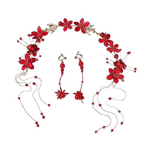 OSOLADY 1satz Blumen Und Perlen-haarreif Für Bräute Elegantes Mit Rotem Haarband Und Passendem Ohrring Für Besondere Anlässe Zur Verschönerung Von Hochzeitsfrisuren von OSOLADY