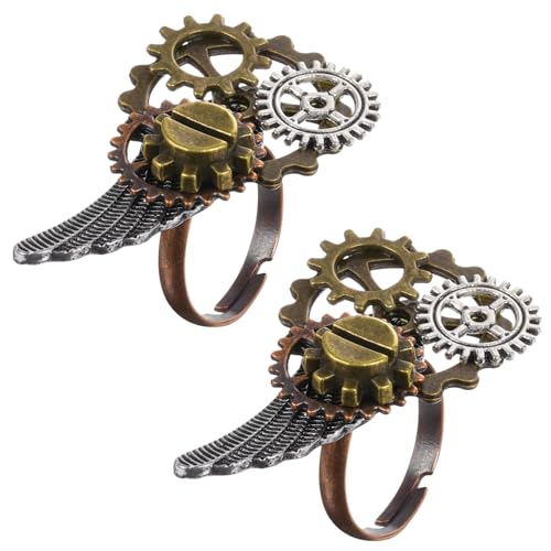 OSOLADY 2 STÜCK Steampunk Ring Herren Damen Vintage Zahnräder Flügel Design Langlebiger Legierungsring mit Kreativem Modisches Gothic Schmuckaccessoire für Alltag und von OSOLADY