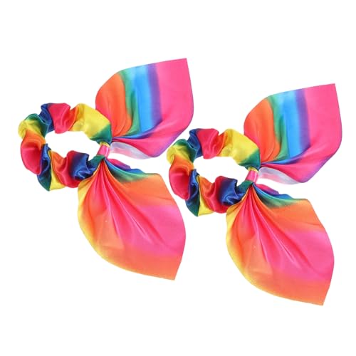 OSOLADY 2 Stück Regenbogen Haargummi mit Süßen Hasenohren Modisches Haarband mit Quaste Elastischer Haarschmuck für Damen und Mädchen Fester Sitz für Alltag und Party von OSOLADY