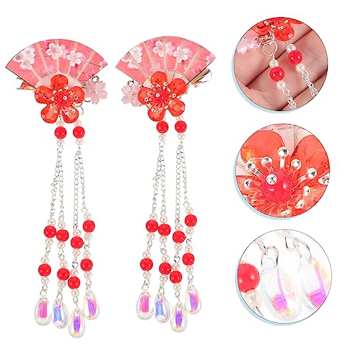 OSOLADY 2 Stück Teiliges Haarschmuck für Mädchen Japanisch Inspirierte Rote Haarklammern mit Blumen Quaste und Fächerdesign Leichte Langlebige Haarnadeln für Hochzeit Party und von OSOLADY