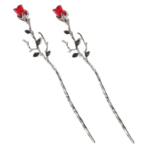 OSOLADY 2 Stück Vintage Haarschmuck Damen Haarstäbchen mit Rotem Rosenmotiv Stabiles Haarnadel Sichere Hochsteckfrisuren bei Hochzeiten und Besonderen Anlässen Dekorative Chinesische Hair von OSOLADY