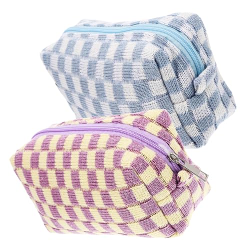 OSOLADY 2stücke Karierte Reise-schminktasche Mit Reißverschluss Stoff-Kosmetiktasche Zum Organisieren Von Make-up Für Frauen Tragbare Pinselhalter Für Damen von OSOLADY