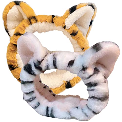 OSOLADY 2stücke Tiger Ohr Stirnbänder Aus Plüsch Breiter Elastischer Haarband Für Gesichtswäsche Make-up Und Spa-anwendungen Für Und Mädchen in Weiß Und Gelb von OSOLADY