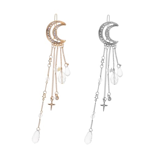 OSOLADY 2stücke Elegante Haarnadeln Mit Quaste Und Strass Moon Haaraccessoires Mit Fünfzackstern Für Romantische Anlässe Für Damen Und Mädchen Gold Silber von OSOLADY