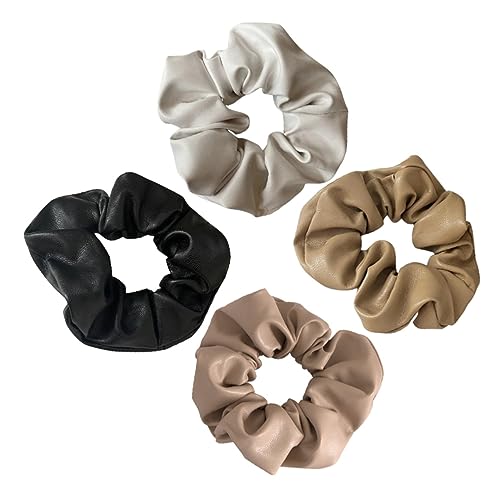 OSOLADY 4stücke Pu Leder Haargummis Für Frauen Und Mädchen Elegante Elastische Scrunchies in Weiß Schwarz Khaki Und Dunkelbraun Stylisches Haaraccessoire Für Jeden Anlass von OSOLADY