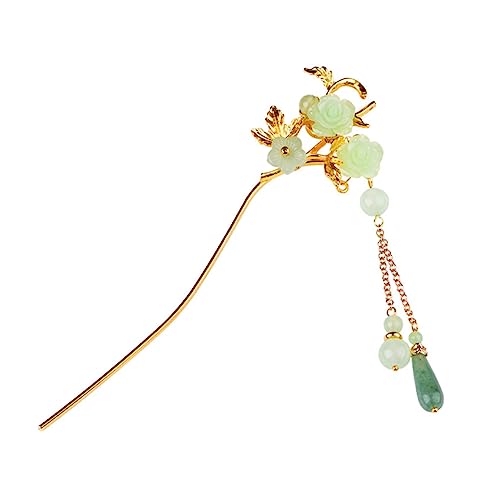 OSOLADY Antike Haarnadel mit Quaste und Blumenmotiv Jadefarbener Anhänger Perfektes Zubehör für Hanfu Outfits und Traditionelle Feste Eleganter Kopfschmuck für Damen von OSOLADY