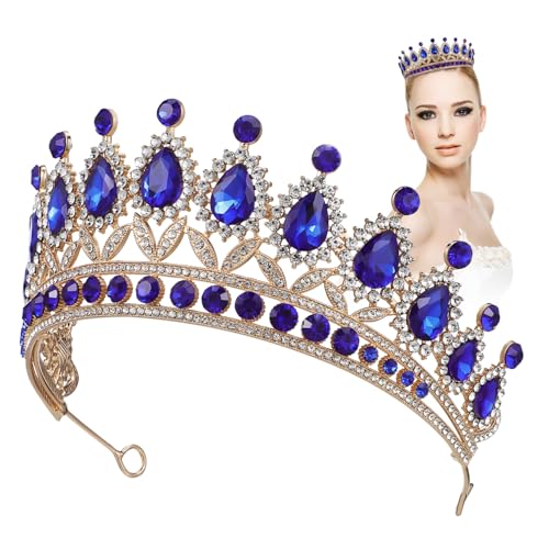 OSOLADY Barock Strass Krone Damen Tiara Kopfschmuck Dekorative Geburtstags und Hochzeitskrone Glitzerndes Braut Accessoire für Abendkleider und Tanzauftritte Gold Blau von OSOLADY