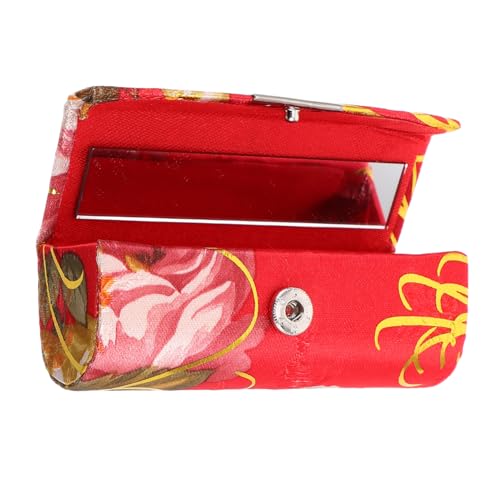 OSOLADY Lippenstifthalter Aus Seide Mit Spiegel Vintage Kosmetiktasche Besticktes Blumenmuster Tragbare Schminktasche Für Damen Kleiner Kosmetiktasche in Rot von OSOLADY