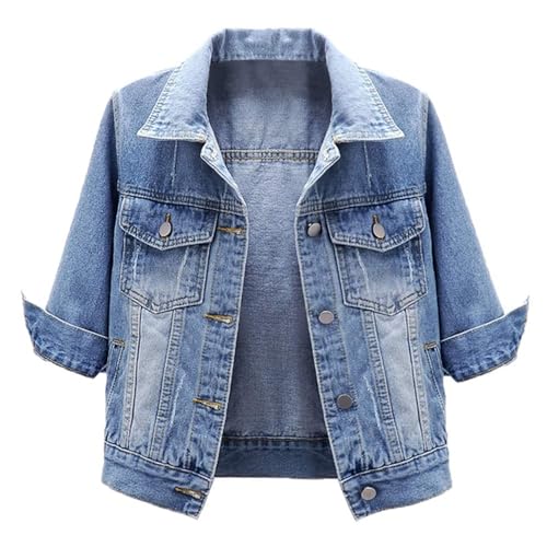 OSRDFV Kurzärmelige Damen-Jeansjacke, 3/4-Ärmel, zerrissene Jeansjacken, Mantel, hellblau, 5X-Large von OSRDFV