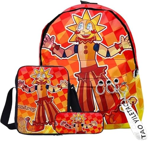 OSRDFV Sun Moon FNAF Security Breach Fazbear's Piazzaria Fashion Student 3-teiliges Set Schulrucksack/Federmäppchen für Jungen und Mädchen, Schule, Reisen, unverzichtbarer Tagesrucksack, Fnaf - 26, 29 von OSRDFV