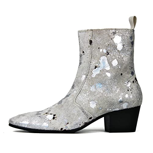 OSSTONE Chelsea Ankle Lederstiefel für Männer Silber Casual Gedruckt Pferdehaar Herren Mode Kleid Schuhe mit Side Zipper OS-JY054-DE-R-9 von OSSTONE