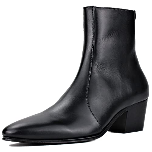 OSSTONE Chelsea Leder Stiefel für Männer High Heels Herren Kleid Schuhe Reißverschluss Stiefel Cowboy OS-JY046 Leder schwarz US12 von OSSTONE