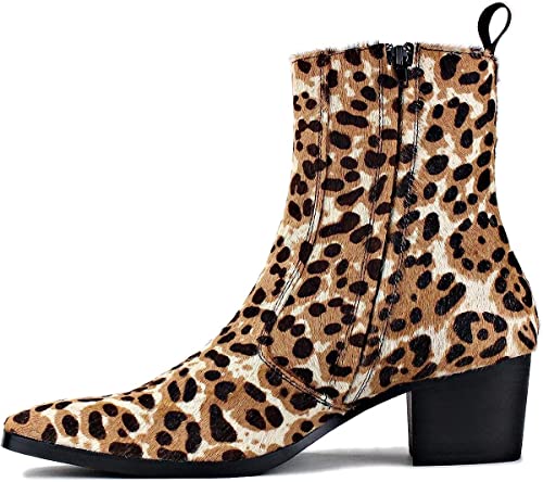 OSSTONE Chelsea Stiefel für Männer High Heels Herren Kleid Schuhe Reißverschluss Stiefel Pony Hair Leopard OS-JY012-A-DE Hellbraun 10 von OSSTONE