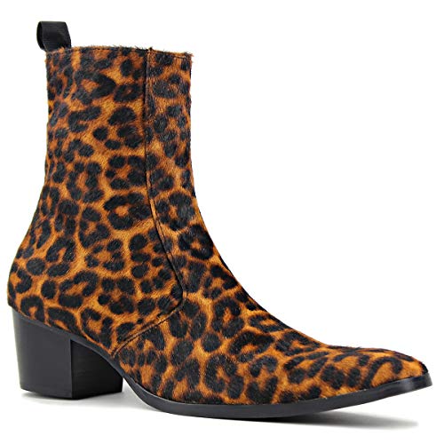 OSSTONE Chelsea Stiefel für Männer High Heels Herren Kleid Schuhe Reißverschluss Stiefel Pony Hair Leopard OS-JY012-DE Braun 10 von OSSTONE