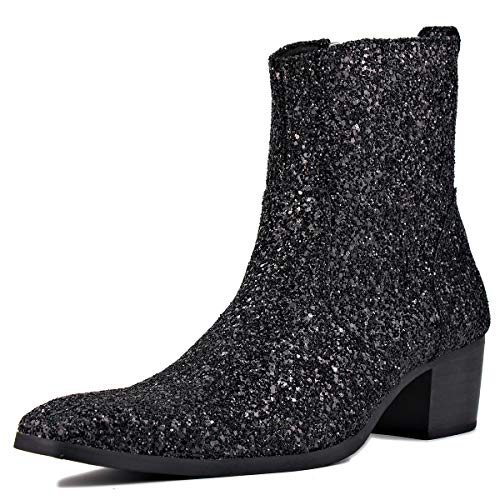 OSSTONE Chelsea Stiefel für Männer High Heels Herren Kleid Schuhe Reißverschluss Stiefel Schwarz Glitter OS-JY022，US8(EU40.5) von OSSTONE