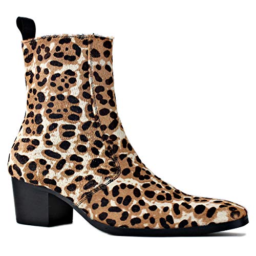 OSSTONE Chelsea cowboy Stiefel für Männer High Heels boots men Herren Kleid Schuhe Reißverschluss leder Leoparden OS-JY012-A-DE，Beige，Mens size EU43 von OSSTONE