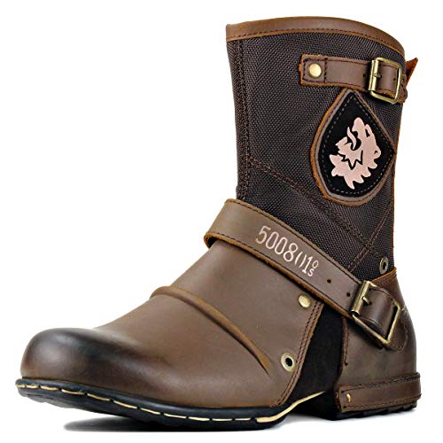 OSSTONE Herren Leder Chukkastiefel Worker Biker Wandern Boots-Motorrad-Leder-Schuhe Reißverschluss Schnürstiefeletten Boots OS-5008-1-H-Brown-10 von OSSTONE