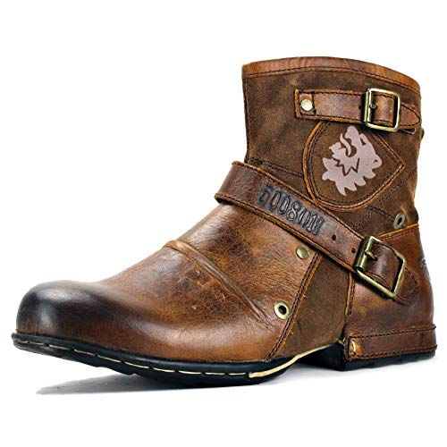 OSSTONE Herren Stiefel aus Rindsleder Lederstiefel mit Gummisohle Biker Boots mit Reißverschluss Männer Stiefeletten OS-5008-1-E-Brown-10 von OSSTONE