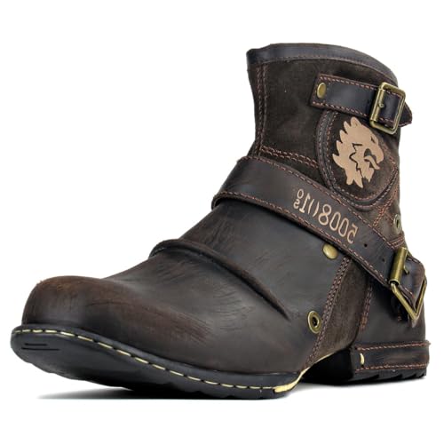 OSSTONE Herren leder chukkastiefel Worker biker boots-motorrad-leder-schuhe für reißverschluss Schnürstiefeletten boots 5008-1-D Dunkel Braun 11.5 von OSSTONE