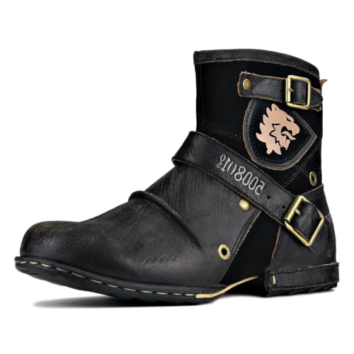 OSSTONE Herren leder chukkastiefel Worker biker boots-motorrad-leder-schuhe für reißverschluss Schnürstiefeletten boots 5008-1-D2 Retro Schwarz 10 von OSSTONE