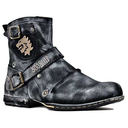 OSSTONE Herren Stiefel aus Rindsleder Lederstiefel mit Gummisohle Biker Boots mit Reißverschluss Männer Stiefeletten OS-5008-1-F1-13 von OSSTONE