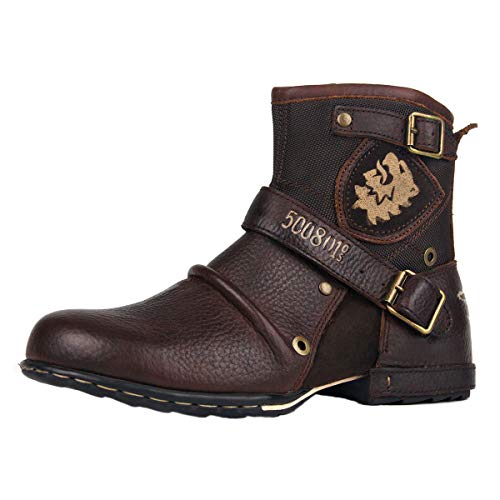 OSSTONE Herren Stiefel aus Rindsleder, Lederstiefel mit Gummisohle Biker Motorrad Boots mit Reißverschluss, 6.5" Männer Stiefeletten mit 0.98" Absatz OZ-5008-1-N-Brown-10.5 von OSSTONE