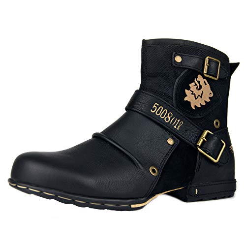 OSSTONE Herren Stiefel aus Rindsleder, Lederstiefel mit Gummisohle Biker Motorrad Boots mit Reißverschluss, 6.5" Männer Stiefeletten mit 0.98" Absatz OZ-5008-1-N-Black-10.5 von OSSTONE