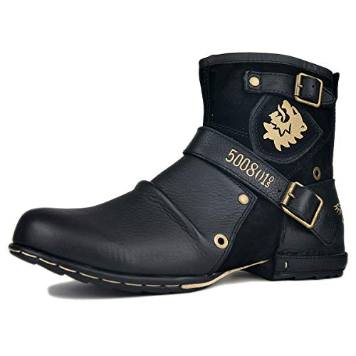 OSSTONE Herren Stiefel aus Rindsleder, Lederstiefel mit Gummisohle Biker Motorrad Boots mit Reißverschluss, 6.5" Männer Stiefeletten mit 0.98" Absatz OS-5008-1-N-S-Black-9.5 von OSSTONE