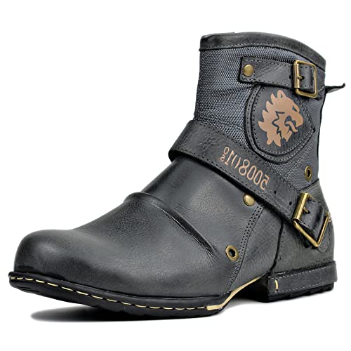 OSSTONE Herren leder chukkastiefel Worker biker boots-motorrad-leder-schuhe für reißverschluss Schnürstiefeletten boots 5008-1-NH Grau 10 von OSSTONE