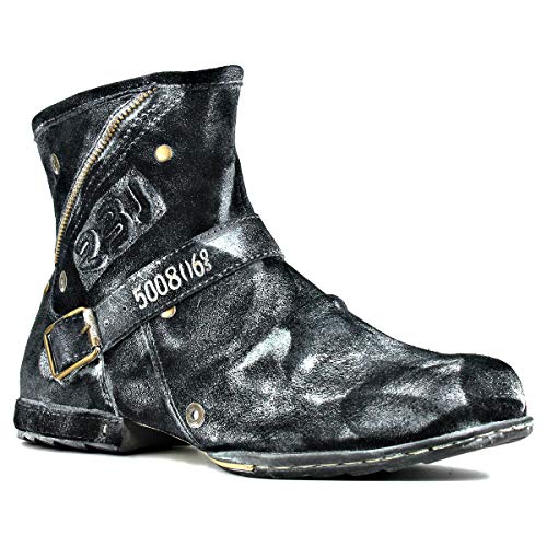 OSSTONE Herren Stiefel aus Rindsleder Lederstiefel mit Gummisohle Biker Boots mit Reißverschluss Männer Stiefeletten OS-5008-6-Snow-black-9 von OSSTONE