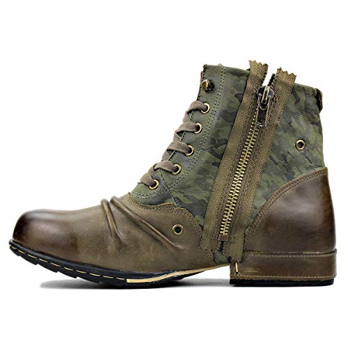 OSSTONE Herren Leder chukkastiefel Worker Biker Boots-Motorrad-Leder-Schuhe für reißverschluss Schnürstiefeletten Boots 5008-8-Green Grün 10 von OSSTONE