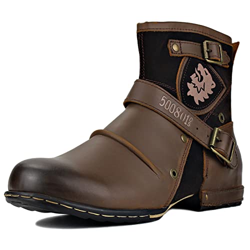 OSSTONE Herren Stiefel aus Rindsleder, Lederstiefel mit Gummisohle Biker Boots mit Reißverschluss, 6.5" Männer Stiefeletten mit 0.98" Absatz 5008-1-DE Braun 8 von OSSTONE