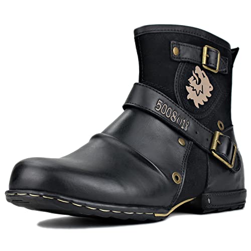 OSSTONE Herren Leder chukkastiefel Worker Biker Boots-Motorrad-Leder-Schuhe für reißverschluss Schnürstiefeletten Boots 5008-1-DE Schwarz 8.5 von OSSTONE