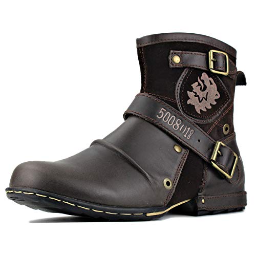 OSSTONE Herren Stiefel aus Rindsleder, Lederstiefel mit Gummisohle Biker Boots mit Reißverschluss, 6.5" Männer Stiefeletten mit 0.98" Absatz OS-5008-1-DarkBrown-8.5 von OSSTONE
